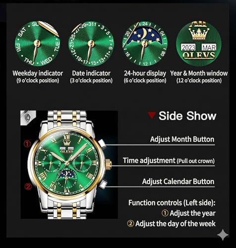 Image of OLEVS Watches for Men Stainless Steel Dress Men Watch with Date Big Face Chronograph Waterproof Luxury Fashion Watch Blue /Black /Gold /Green /Silver Face Relojes para Hombres