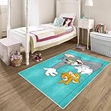 HomeNette Washable Area Rugs, 2x3 Blue Tom & Jerry Kids Rug with Non Slip Backing, Foldable, Boho Machine Washable Carpet Mat for Kitchen Bathroom Bedroom or Living Room (2' x 3')