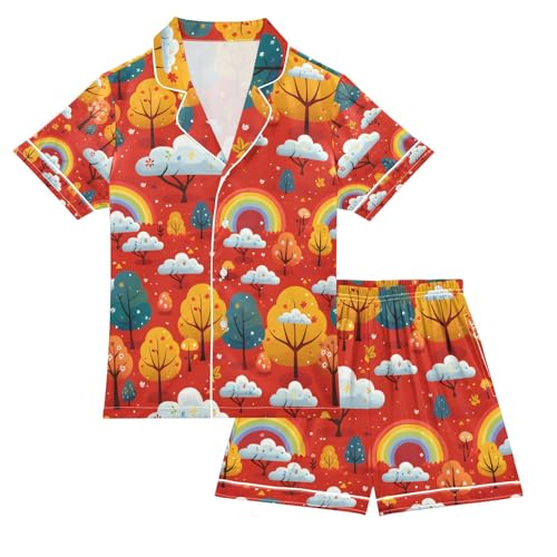 senya Rainbow Landscape Satin Summer Pajama Sets Silk Short Sleeve Button Down Sleepwear