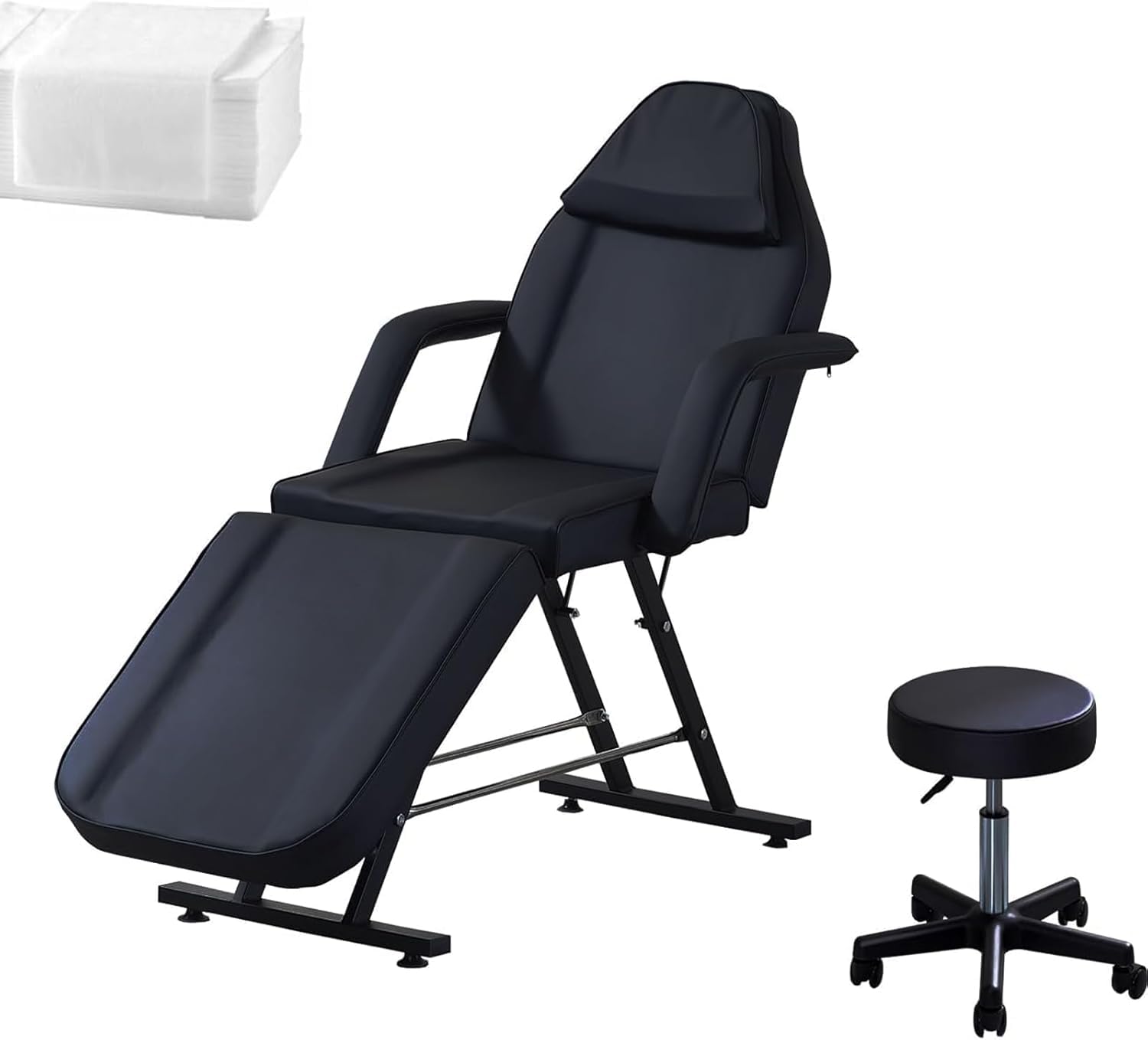 Schwarz Klappbar Massagelieg Tattooliege Kosmetikstuhl höhenverstellbare Massageliege Zubehör Removable Armrests Headrest Hocker & Bettwäsche (Schwarz)