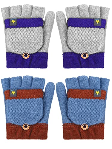 Guantes de punto sin dedos para niños de 5 a 12 años con tapa abatible en azul y gris