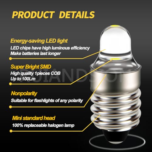 Ruiandsion 4pcs E10 LED Bulbs 3V 6000K White LED Bulbs for Torchlight Flashlight Torch Light,Non-Polarity - Thumbnail 4