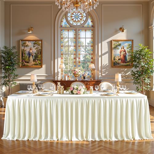 Ivory Satin Tablecloths Rectangle 8FT, Glitter Fitted Stretch Table Covers Wrinkle-Free Floor Length Shimmer Table Skirt for Weddings Parties Baby Shower Banquets Vendor Events by PARTISKY - Used condition - US$24.13
