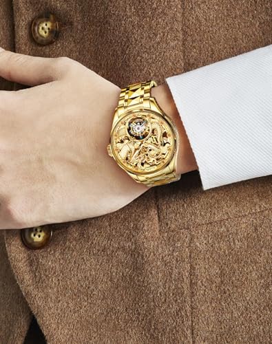 Image of OLEVS Men Automatic Watch Skeleton Luxury Gold Original Dress Mechanical Self Winding Sapphire Crystal Real Leather and Interchangeable Tungsten Steel Band Wrist Watch for Men