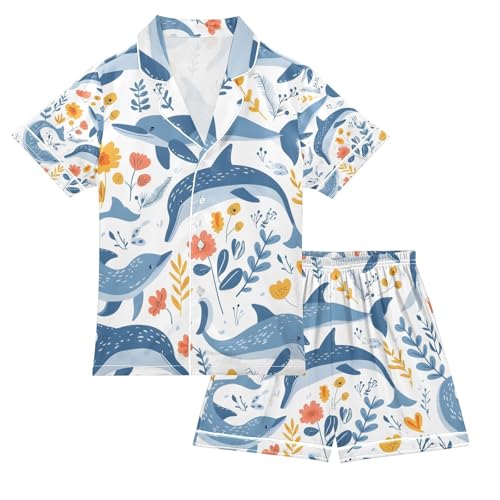 senya Whale and Flower A Satin Summer Pajama Sets Silk Short Sleeve Button Down Sleepwear