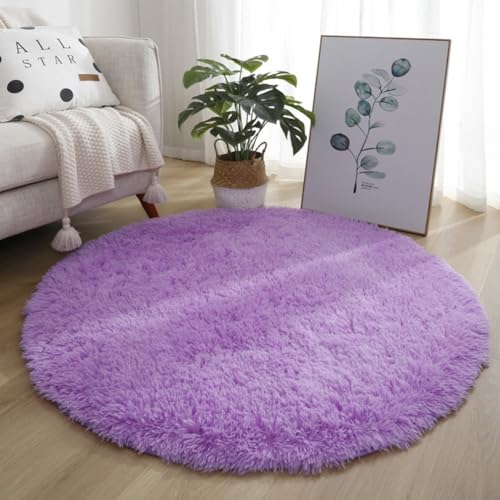 Soft Area Rug Modern Shaggy Bedroom Rugs, Round With Anti-Slip Backing, 4Cm High Pl-ush Carpet For Liv-ing Room, Bedroom, Machine Washable Home Decor(80CM Purple)