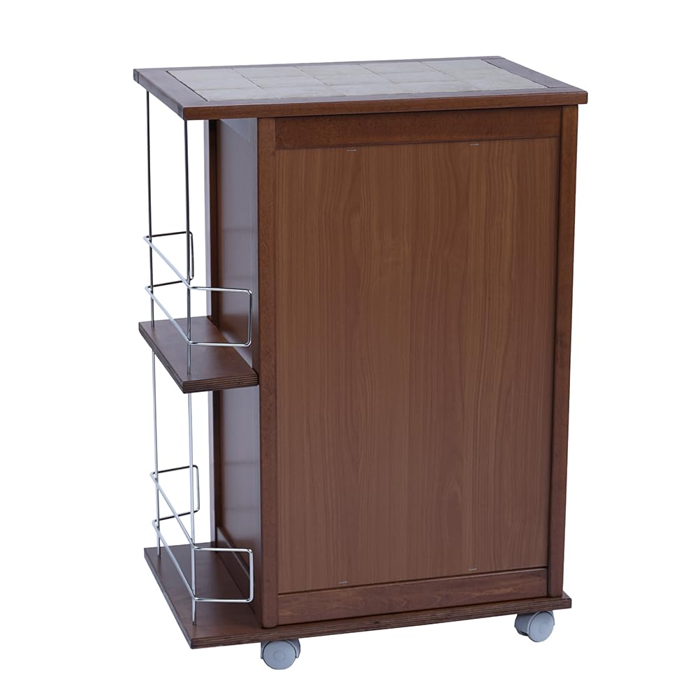 Mobiletto da cucina dotato di ruote con ante a ribalta portabottiglie laterale e piano in mattonelle (Noce)