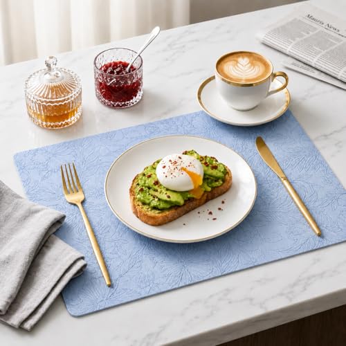 Image of Yelona Premium Faux Leather Placemat Set of 4 | Printed Floral Design, Waterproof & Heat Resistant Table Mat | Non-Slip, Washable for Dining, Kitchen & Home Decor (Sky Blue, 43 x 30 cm)