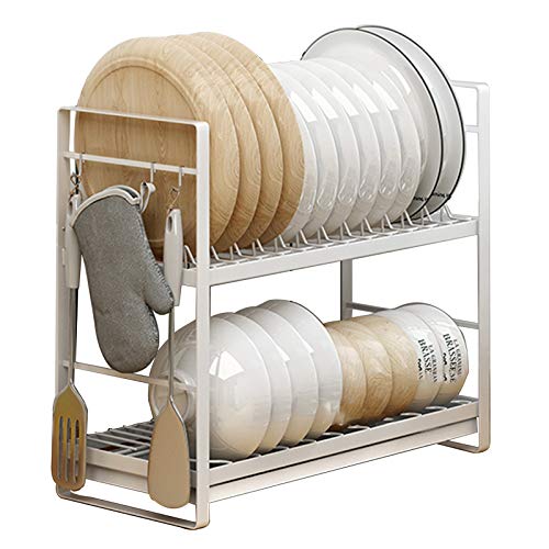 Escurridor de platos de 2 niveles, fácil de montar, gran capacidad, con soporte lateral para utensilios y ganchos móviles, organizador de platos, encimera de cocina o lado del fregadero (sin soportes