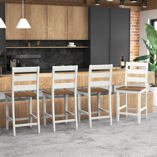 COSTWAY Butaco 24'' de Madera Set de 4 con Respaldo en Escalera | Gris y Nogal, Moderno de Medio Siglo con Reposa Pies, Patas de Madera de Acacia miniatura 2