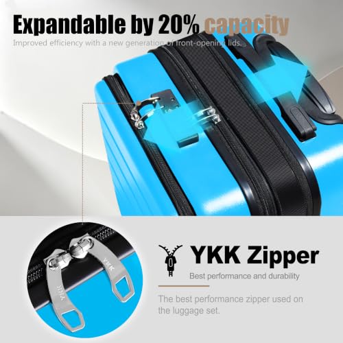 Image of KEYTANG SmileLine 3-Piece Luggage Set Lightweight Hardside Suitcase TSA Lock Spinner Wheels, 20 inch Expandable Carry-On Luggage with Quick Access Front Open Pocket, Bonus Makeup Bag,Blue