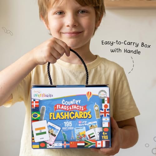 Image of Intelliskills Premium 195 Country Flags & Facts Flashcards with Large World Map for Kids, World Flags Learning Set for Boys & Girls, Fun Geography & Culture Study, Double-Sided, Ideal for Gifting