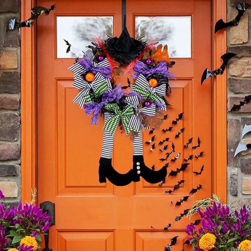 Halloween Deko Türkranz 60cm Hexenkranz con Sombrero de Bruja Piernas y Calabaza Corona de Puerta Decorativa para Interior y Exterior Fiesta de Halloween