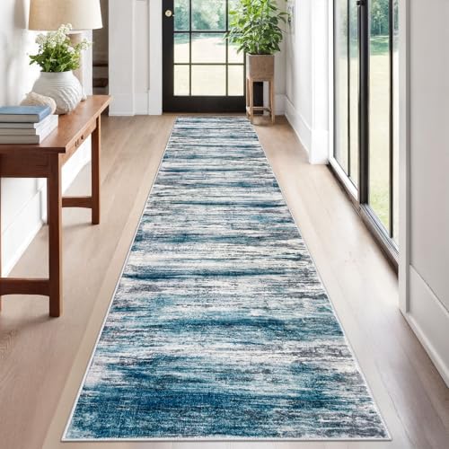 KOZYFLY Modern Abstract Kitchen Runner Rug, 2x12 Washable Rug Runner Non-Slip Soft Striped Hallway Runner Rugs, Light Blue Print Distressed Carpet Runner for Entryway Bathroom Laundry Room Foyer