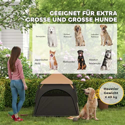 PawHut Haustierzelt, Outdoor Hundezelt, Katzenzelt mit Meshfenster, Tragetasche, Sonnendach, Tragbar Hundehütte für extra große und große Hunde, für Drinnen und Draußen, 120x120x106cm, Dunkelbraun