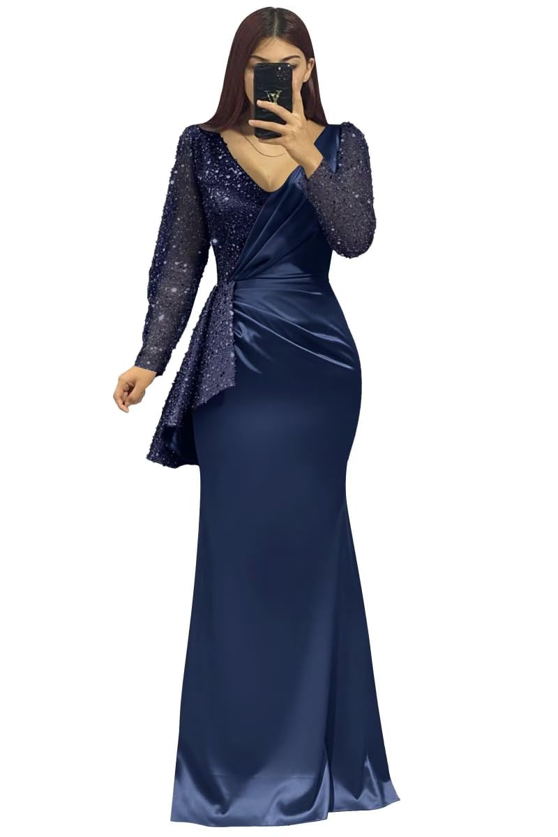 Long Sleeve Prom Dresses for Women 2025 Sparkly Satin Sequin Formal Ball Dress Mermaid Evening Party Gowns