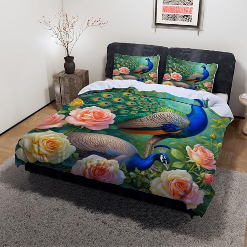 Housse de couette 220x240 paon 3D en microfibre avec 2 taies