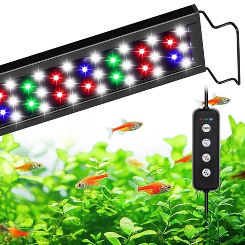 AQQA Full Spectrum Aquarium Light, Fish Tank Lights for Plant Growth Fish Viewing,3 Mode White Blue Red Green LED beads,Timer,Adjustable Brightness,Extendable Brackets for Freshwater 14W for 12-18inch