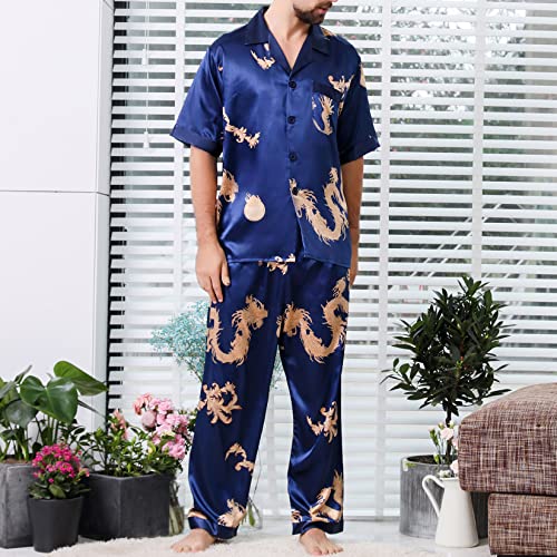 Lu's Chic Men's Satin Pajama Set 2 Piece Dragon Patterned Short Sleeve Button Down Loungewear3