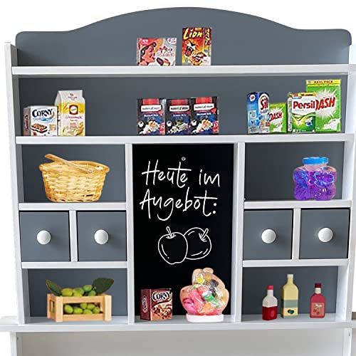Coemo Kaufladen Nicola Kinder Kaufmannsladen aus Holz, Verkaufsstand Theke, Tafel, Seitentheke & Schublade Marktstand als tolles Geschenk, Grau – Bild 4