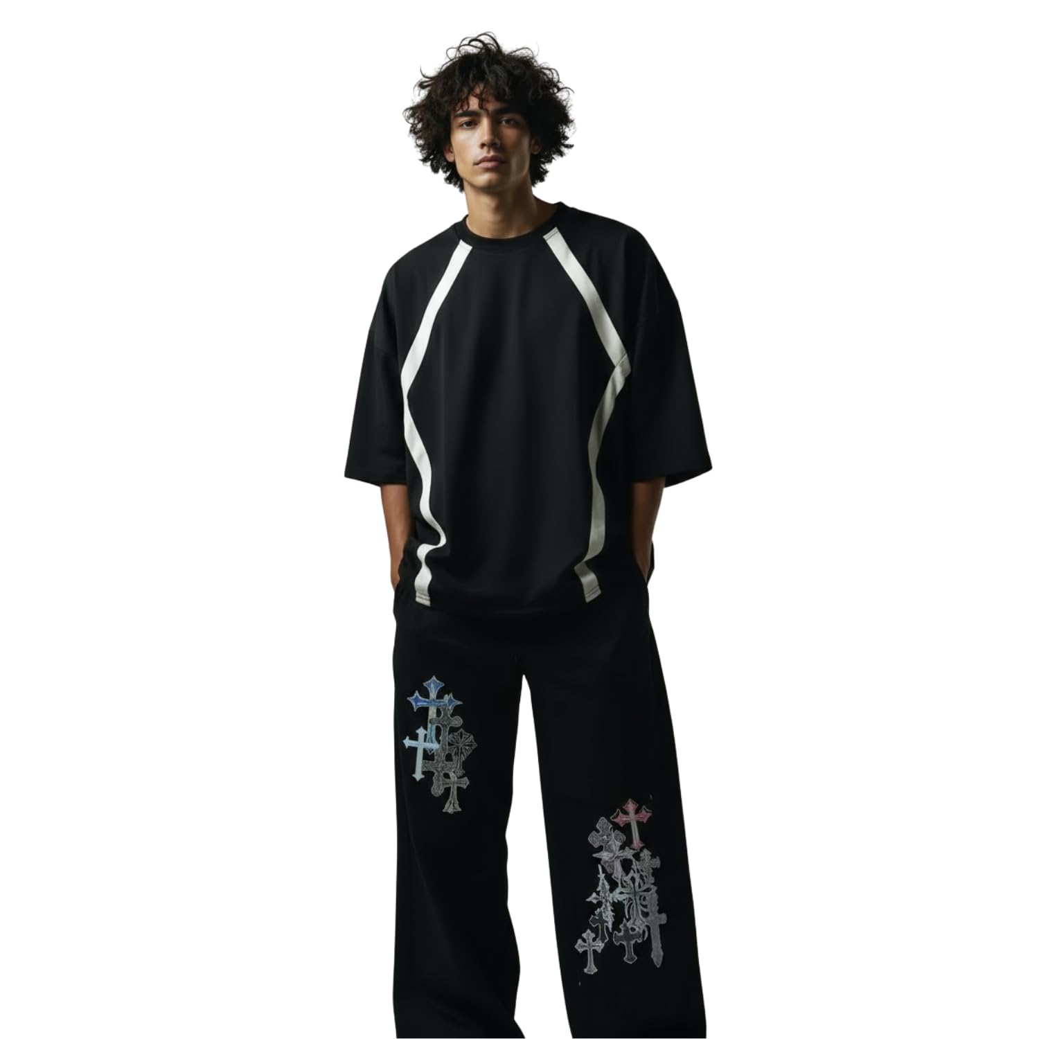 Men’s Black Co-ord Set with Cross Printed Joggers | French Terry T-Shirt & Pants | Relaxed Fit Streetwear Outfit-image-27