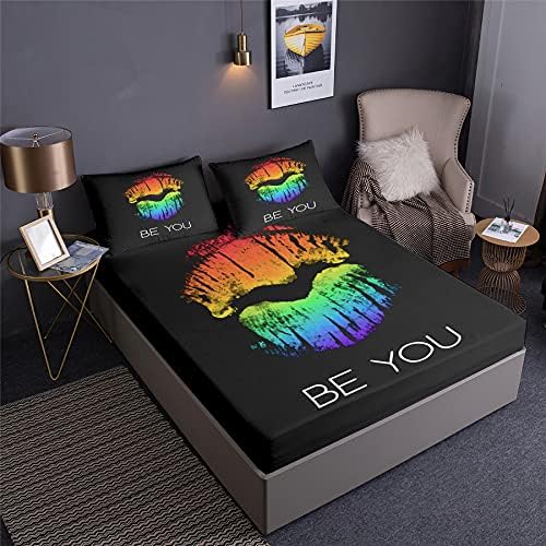 DDD PLUS Herwenys LGBT Day Banner Rainbow Hearts Flag LGBT Fitted Sheet for LGBT Pride Day with Pillowshams Twin Full Queen Size Rainbow Fist Bed Sheet Bedding Set 3 PCS (E,Queen:80" x 60"x14")