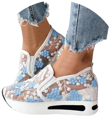 Womenyiaor Platform Wedge Sneakers for Women Dressy, Women's Fashion Sneakers 2024 Floral Embroidery Breathable Sheer Mesh High Heel Slip on Sneakers Casual Comfortable Walking Shoes