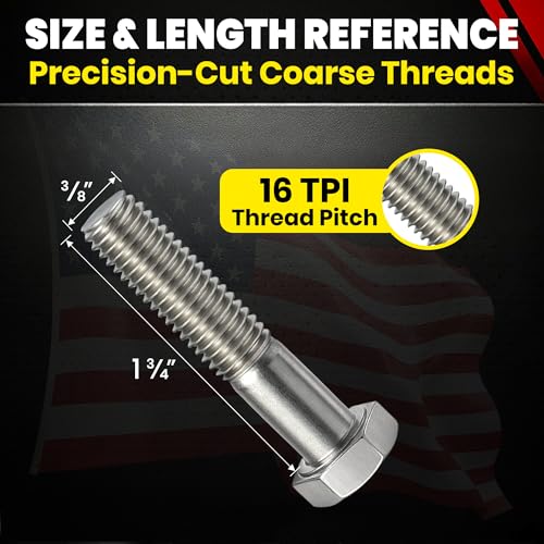 Image of Chenango Supply 3 /8-16 x 1-3 /4 inch Stainless Steel Hex Head Bolts - 304 Stainless, USS Coarse Thread, 100,000-125,000 PSI Tensile Strength, Corrosion-Resistant Hardware Bolts, (25 Pieces, 3 /8-16 x 1.75)