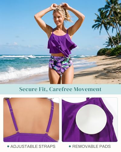 Image of Bathing Suits for Women High Waisted Swimsuits Tummy Control Two Piece Tankini Ruffled Top with Swim Bottom Bathing Suits