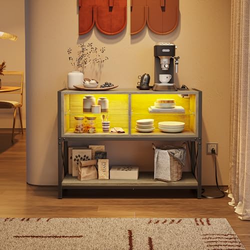 Bestier Coffee Corner Bar Cabinet for Living Room, Sideboard Table Buffet with LED Console Table with Open Storage & Glass Shelves, Display Shelf Kitchen, Grey