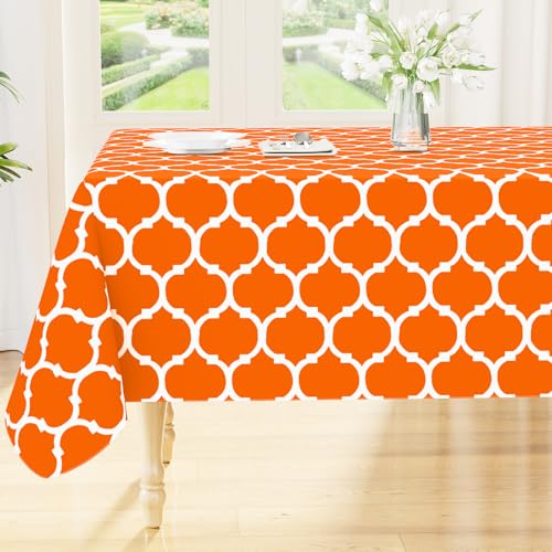 Image of Smiry Rectangle Tablecloth, Waterproof Vinyl Tablecloths with Flannel Backing for Rectangle Tables, Wipeable Spillproof Plastic Tablecloth for Dining, Indoor and Outdoor 60 inch x 84 inch, Bright Orange
