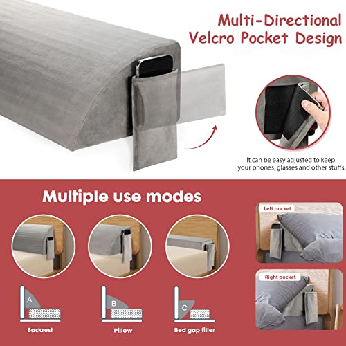 Zoutex King Size (10"X6"X76") Bed Wedge Pillow For Headboard, Upgrade Bed Gap Filler With 40D Memory Foam, 2 Short Plush Covers And 2 Velcro Pockets, Close Gap (0-7"), Gray #TOP2