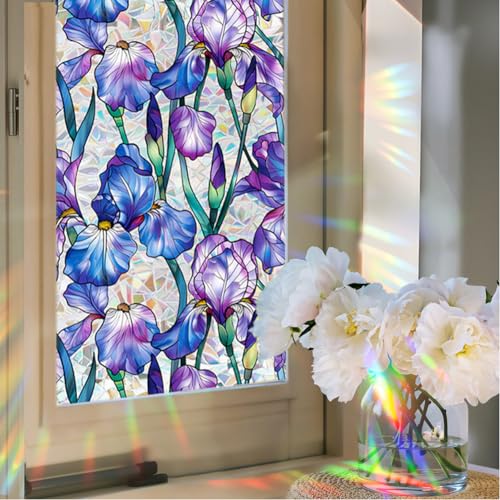 Image of JOONOR Purple Iris Flowers Sunroof Film Floral Rainbow Effect Static Clings Window Privacy Film Sun Protection Stained Glass Decals for Car Moonroof & Side Windows, 17.72 x 35.43 Inch