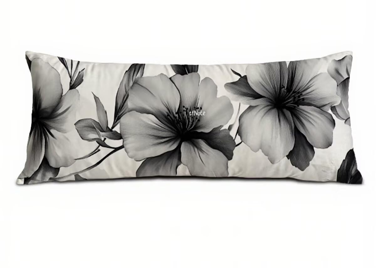 Seitenschläferkissen Bezug Grau Kissenbezug 60 x 180 Schwangerschaftskissen Blume, Leinen Atmungsaktiv und Weich Body Pillow, für Deko Wohnzimmer Sofa Kopfkissenbezug, Geschenke für Fraue T-9240