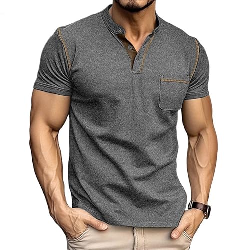 Men Quarter Button Henry Shirts Front Pocket T Shirt for Casual Daily Wear Summer Classic Comfy Pullover Tops