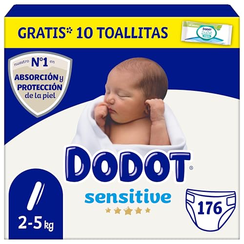 Dodot Pañales Bebé Sensitive, Talla 1 (2-5 kg), 176 Pañales+ 1 Pack de 10 Toallitas Gratis de Aqua Plastic Free, Nº1 en Protección de la Piel de Dodot, Pack Mensual