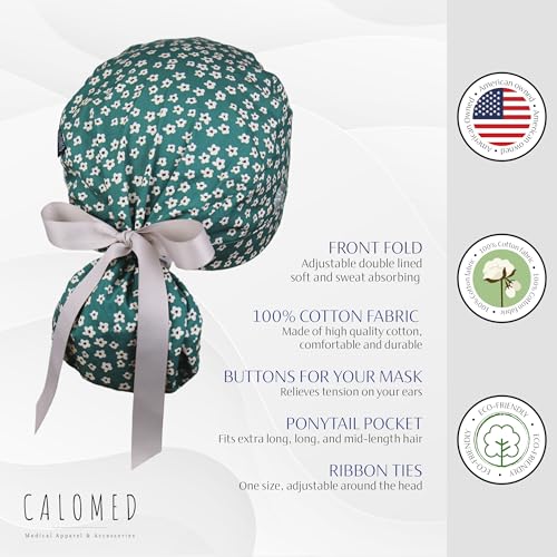 Image of Scrub Cap for Women and Men, Ponytail Scrub Caps, Working Hat, Head Cover with Ribbon Ties and Buttons, Long Hair