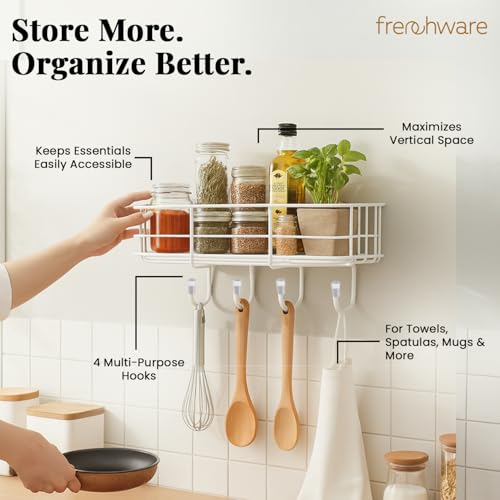 Image of Frenchware Self Adhesive Kitchen Shelf Organiser, Drill-Free Wall Rack | with Magic Stickers & 4 Hooks, Rust-Proof Storage Shelf for Bathroom, Black