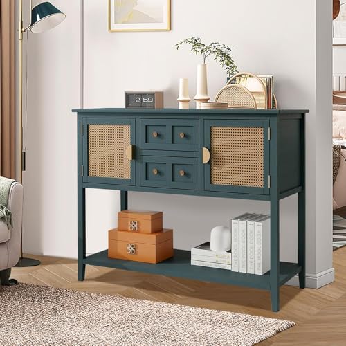 ElfinAura Entryway Table with 2 Drawers and Rattan Doors, Retro Console Table with Open Storage Shelf, Hallway Table Foyer Table for Entryway Living Room