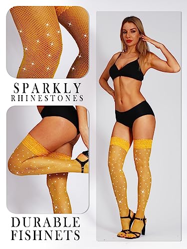 Image of SUREPOCH Sparkly Rhinestone Fishnet Thigh High Stockings for Women Silicone Lace Top