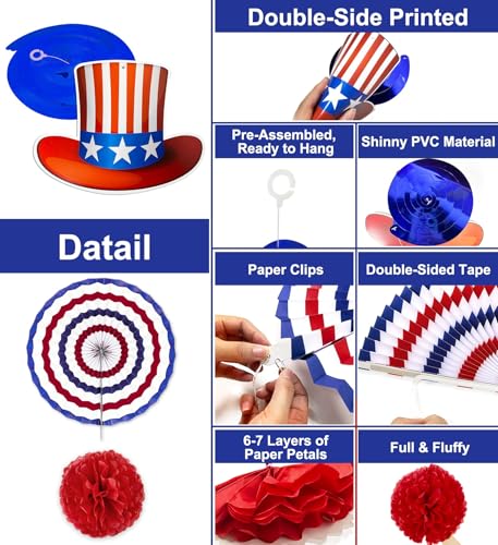 Image of 50 PCS 4th of July Patriotic Decorations in 33 Designs Red White Blue Decoration Paper Fans Pom Poms Flowers Hanging Swirls with Americans Flag Stars Memorial Day Independence Day Party Decor Favors