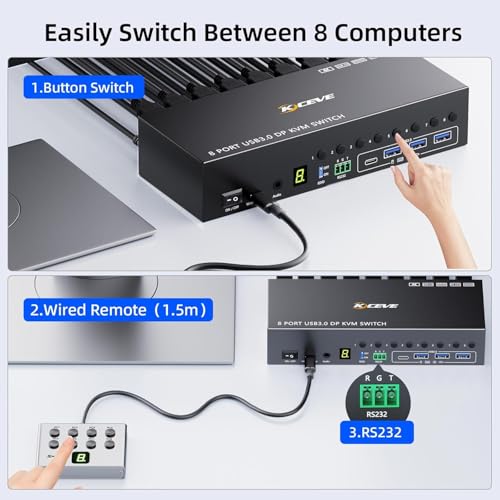 Image of 8 Port HDMI Displayport KVM Switch 2 Monitors 8 Computers 4K@60Hz EDID Simulation,8 PC Dual Monitor KVM Switch with 4 USB 3.0 Ports,Audio,RS232,with Wired Remote,12V Power Adapter and 8 USB Cable