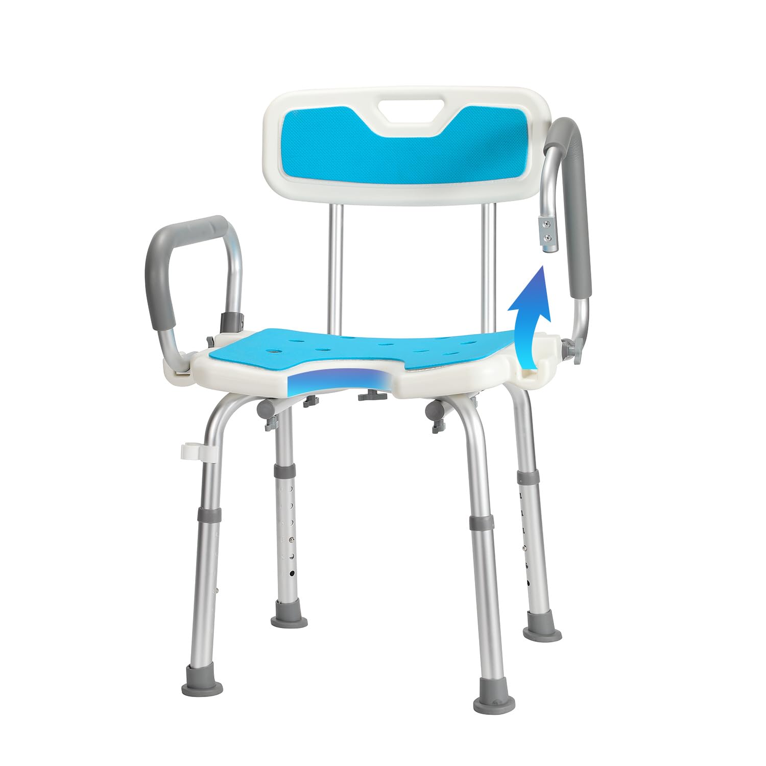 Silla de ducha con reposabrazos y respaldo, altura regulable en 6 posiciones | Con reposabrazos plegables, respaldo extraíble, asiento en forma de U, pies antideslizantes de TPR, soporta hasta 136 kg