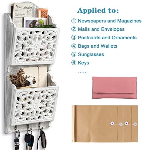 Optyuwah 2 Layer Key Holder for Wall, Wooden Letter Holder Magazine Organizer with Key Hooks, Rustic Decor Key Hanger Wall Mounted Mail Holder for Entryway Mudroom Home Kitchen Office