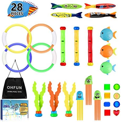 OHFUN 28 Pcs Dive Toys Pool Toys Underwater Swimming Toys Set with Storage Bag Includes Diving Torpedos, Diving Rings, Diving Gems, Diving Sticks, Diving Fish, Octopuses Sinking Pool Toys for Kids