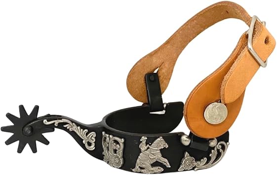 Mens Black Steel Reining Horse Spurs with Straps