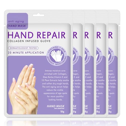 Hand Mask Moisturizing Glove 5 pack, Hand Peel Mask Exfoliating Gloves, Hand Repair Glove for Dry Hands Treatment, Remove Dead Skin, Rough Skin, purple