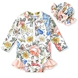 Newborn Infant Baby Girls One Piece Long Sleeve Swimsuit Floral Bathing Suit Zip Up Swimwear Beach Wear NB Pink
