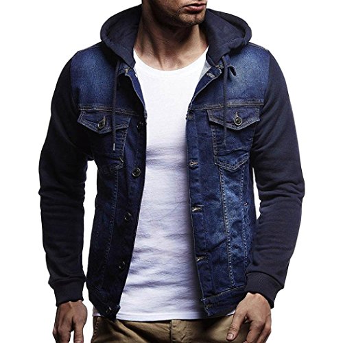 BingYELH Mens Autumn Winter Hooded Hipster Hip Hop Button Down Long Sleeve Hooded Denim Jacket (M, Blue)