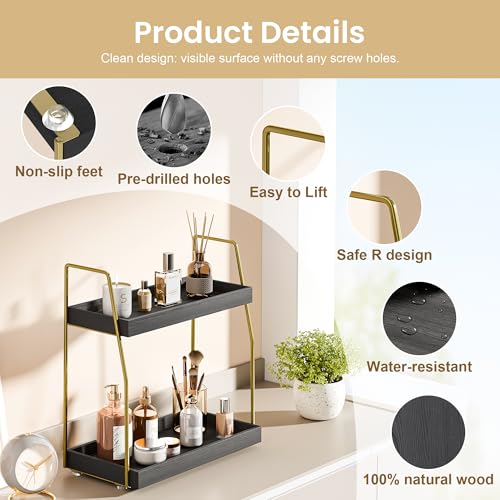 Image of Bathroom Countertop Organizer, Counter Organizer for Bathroom Decor | Wooden Sink Shelf for Vanity Storage, Makeup Tray for Perfume Skincare Bedroom Kitchen Coffee Bar (2 Tier, Black and Gold)